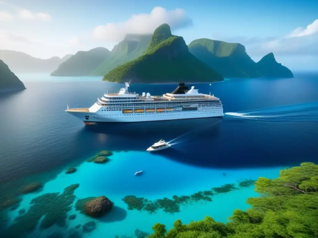 Crucero elegante en armonía con la vida marina Un crucero elegante navegando entre arrecifes de coral y peces, simbolizando colaboraciones cruceros conservación marina
