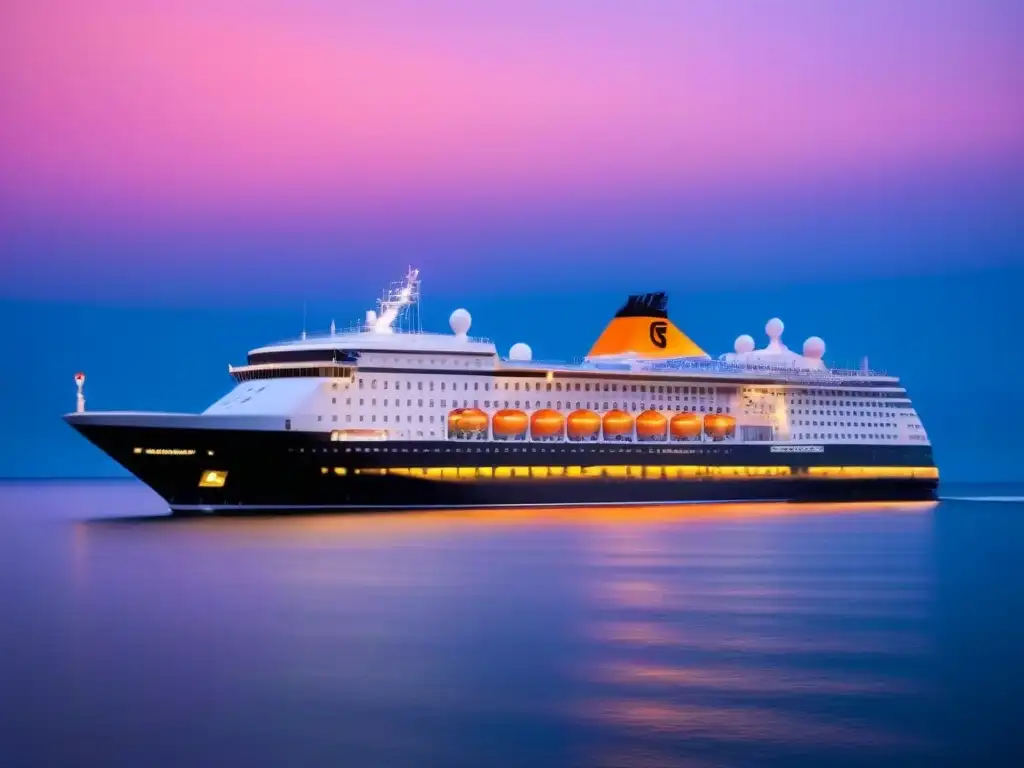 Un crucero elegante navega al atardecer sobre aguas tranquilas, con un cielo naranja y rosa reflejándose