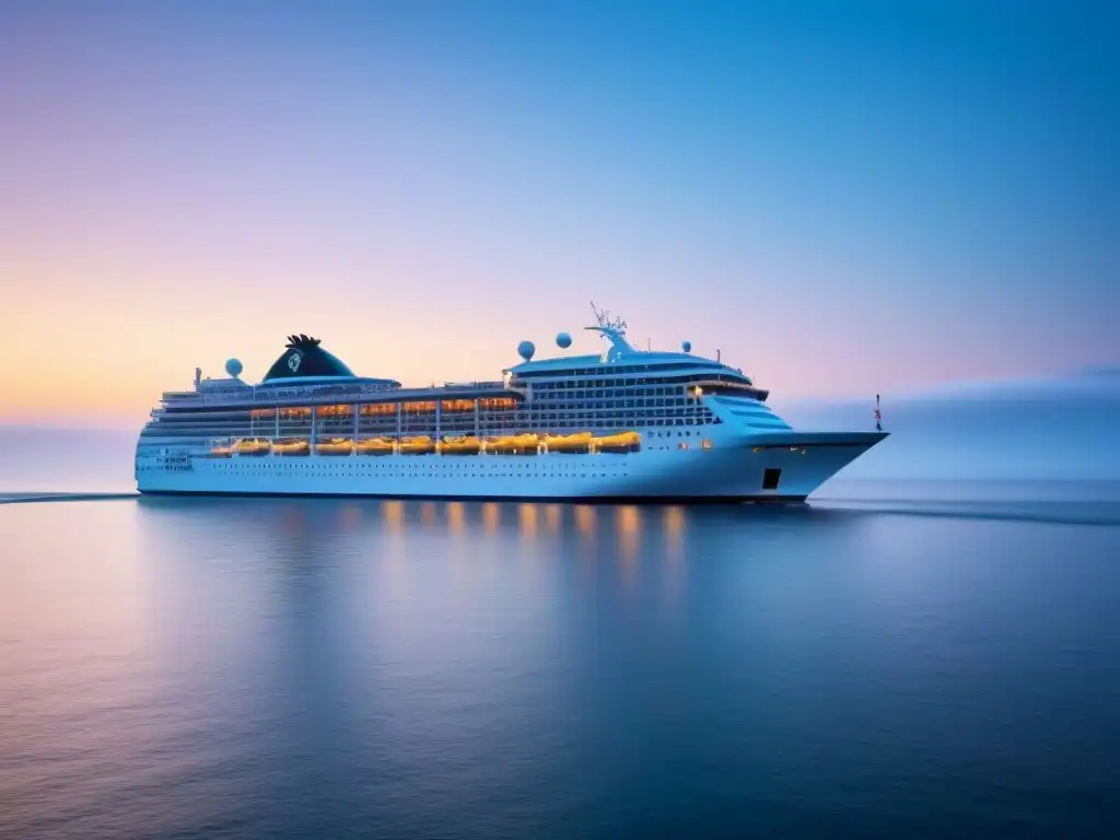 Un crucero elegante al atardecer en aguas tranquilas, resaltando la belleza del mar y la silueta del barco