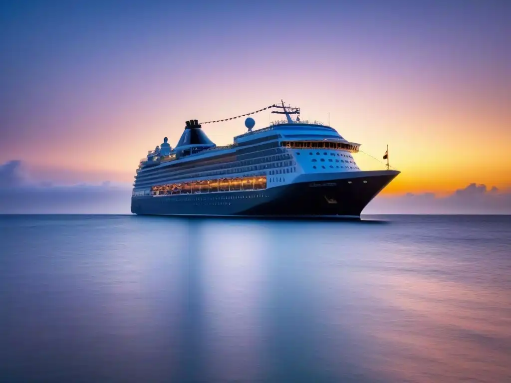 Un crucero elegante al atardecer, navegando en aguas tranquilas con un cielo pastel reflejado en el mar