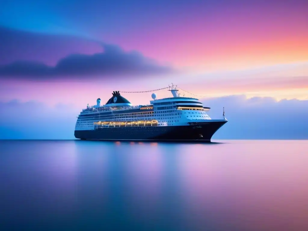 Un crucero elegante navega al atardecer en aguas tranquilas, con colores vibrantes en el cielo y el mar reflejando calma