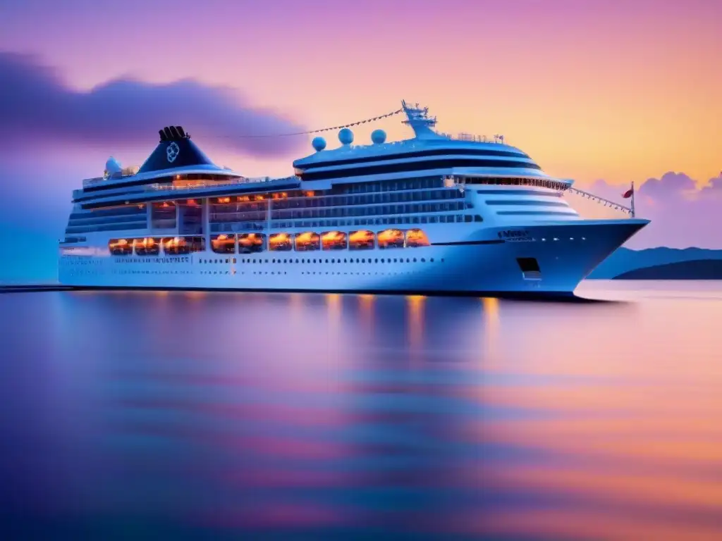 Un crucero elegante navega al atardecer en aguas cristalinas