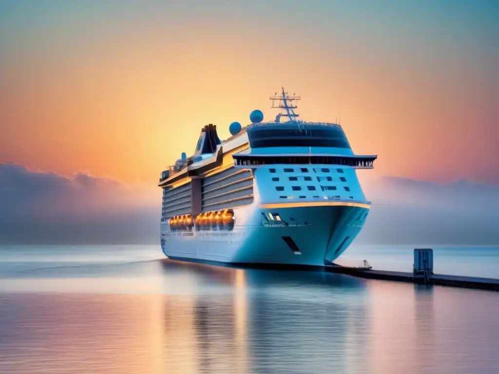 Un crucero elegante al atardecer, con colores pastel suaves reflejados en aguas tranquilas, resaltando los pagos sin contacto en cruceros