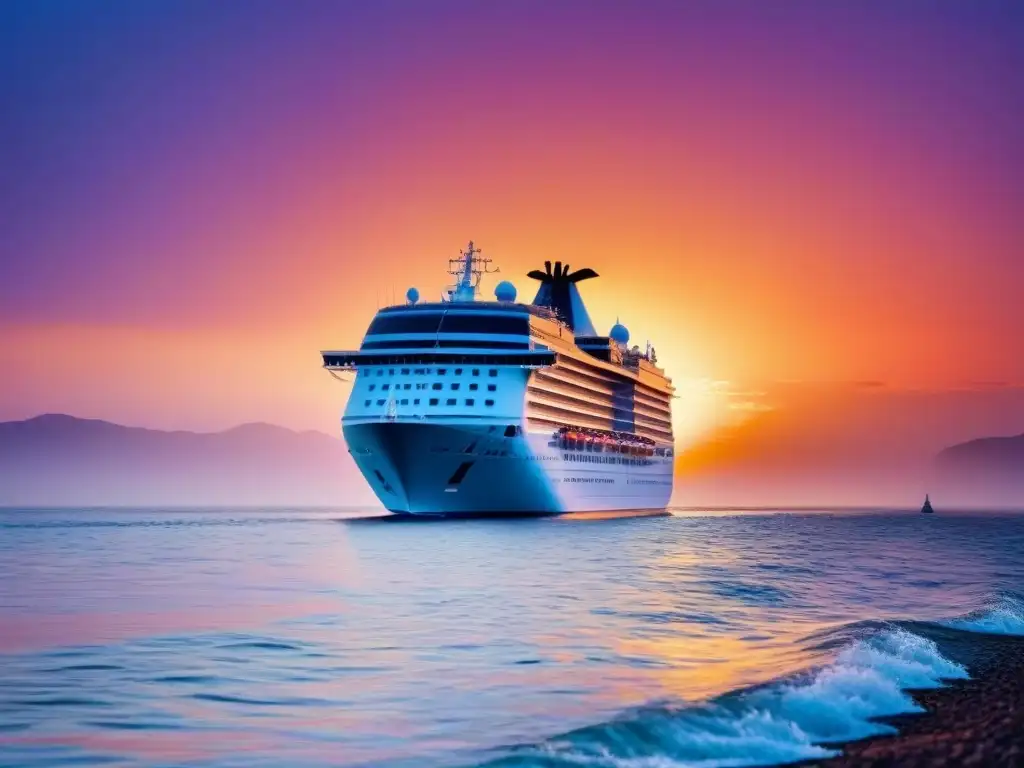 Un crucero elegante navega hacia un atardecer impresionante, transmitiendo serenidad y aventura en destinos cruceros descuentos última hora