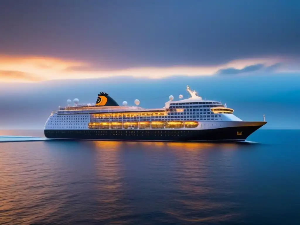 Un crucero elegante navega al atardecer en un mar tranquilo, ideal para eventos de graduación en cruceros