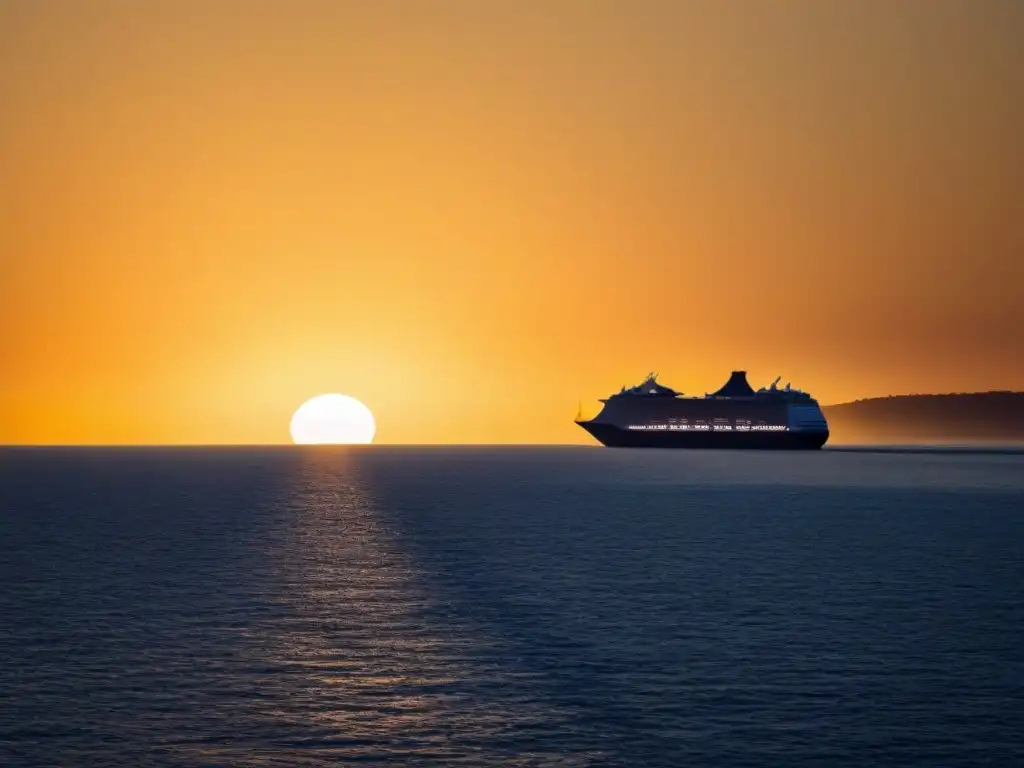 Un crucero elegante navega al atardecer en un mar sereno, bajo un cielo dorado en México