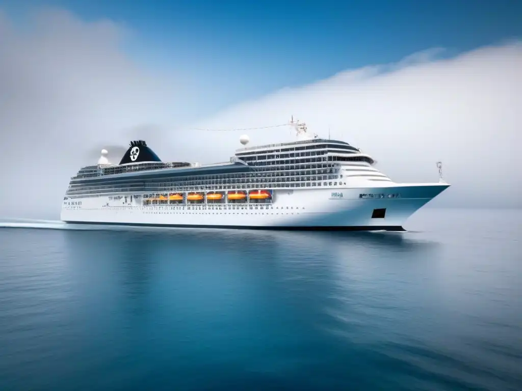 Un crucero elegante navega con calma en aguas tranquilas bajo un cielo azul claro, transmitiendo serenidad