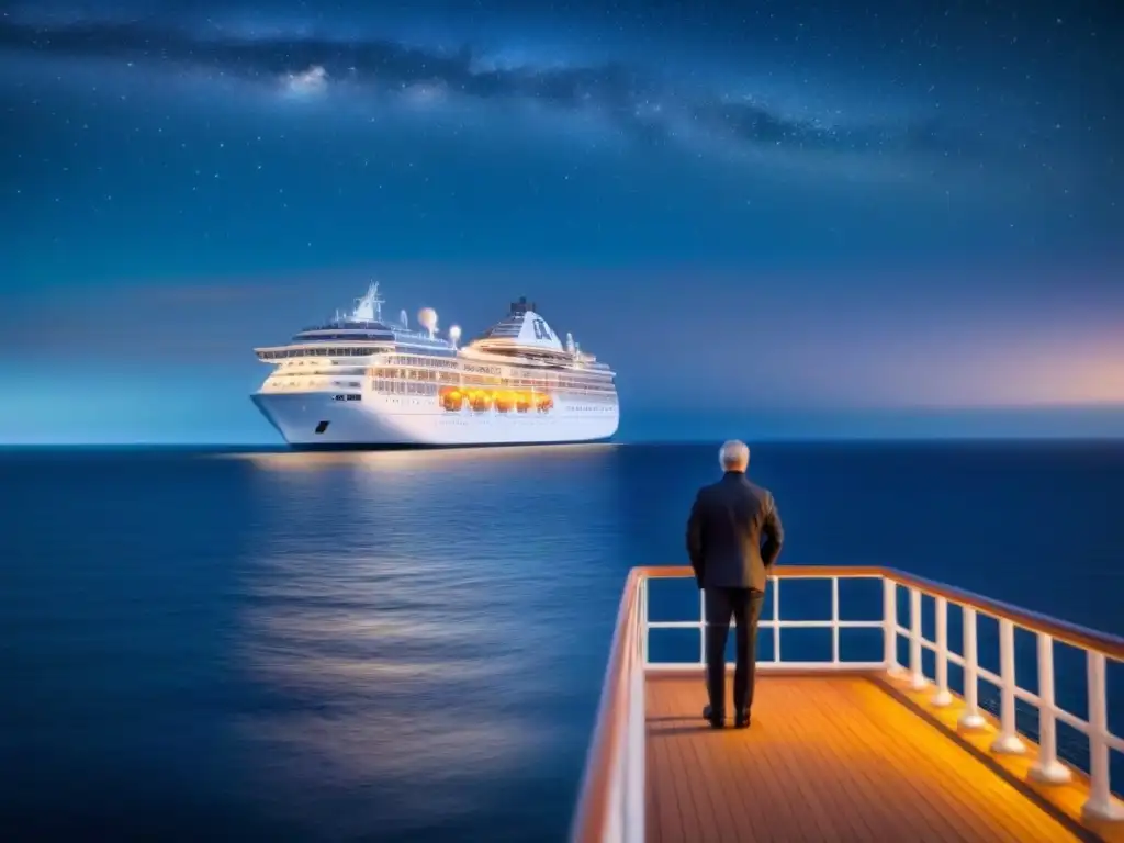 Un crucero elegante navega en calma bajo un cielo estrellado, con una figura solitaria en cubierta