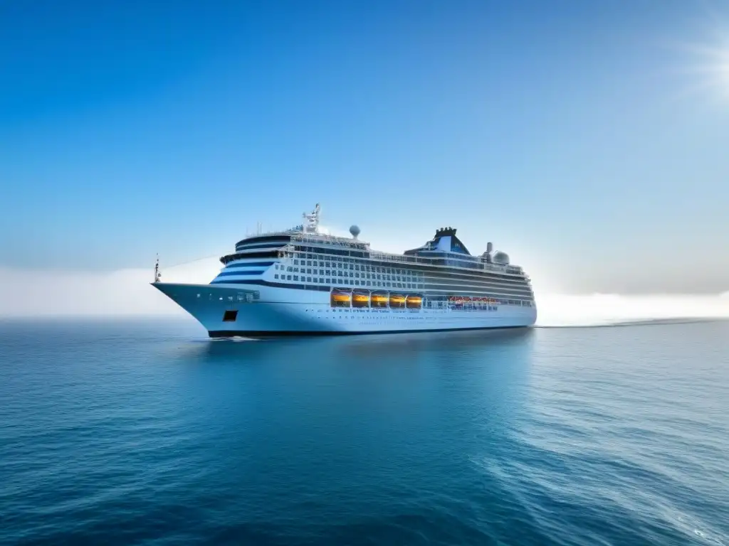 Un crucero elegante navega bajo un cielo azul, reflejando tranquilidad en el mar