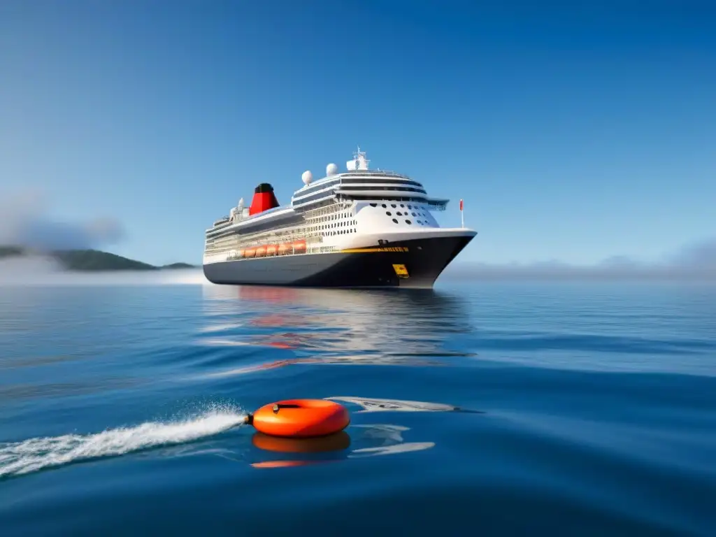 Un crucero elegante navega bajo cielo azul en aguas tranquilas, con un seguro de crucero perfecto flotando cerca