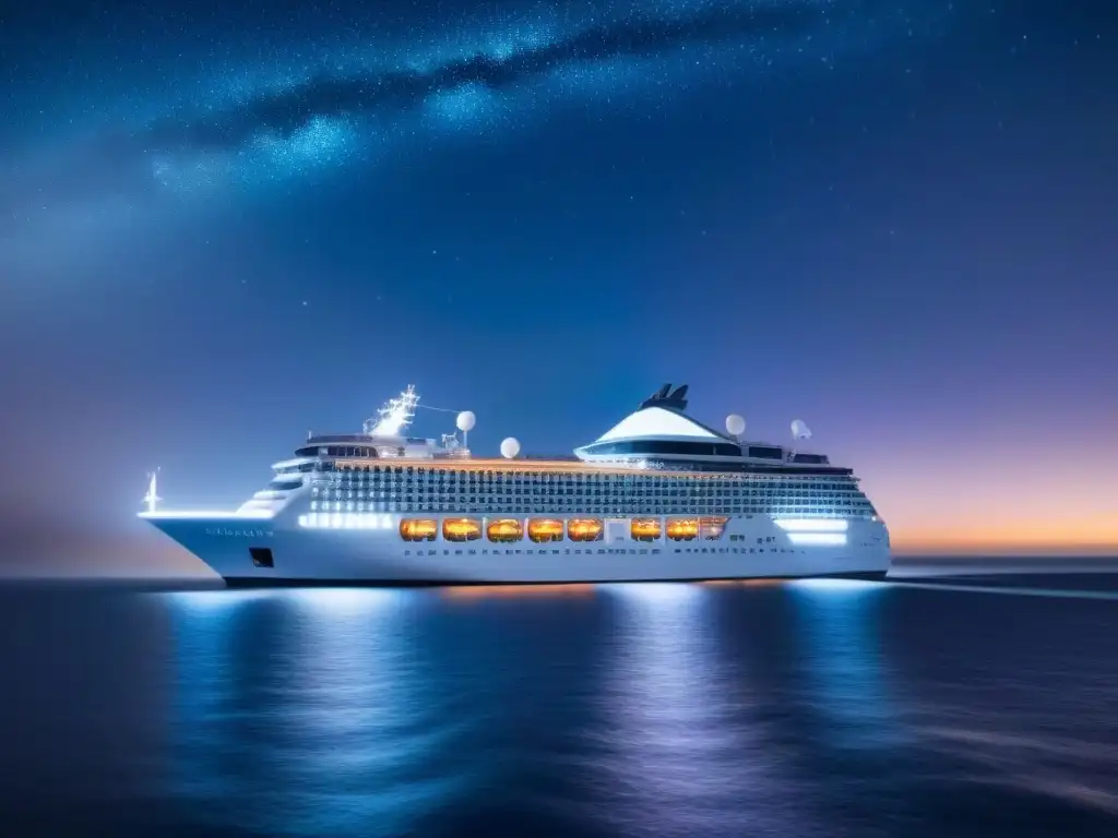 Un crucero elegante navega bajo un cielo estrellado, transmitiendo serenidad y belleza