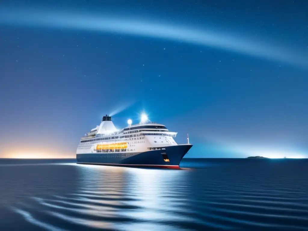 Un crucero elegante navega bajo un cielo estrellado hacia un faro brillante, transmitiendo seguridad y protección