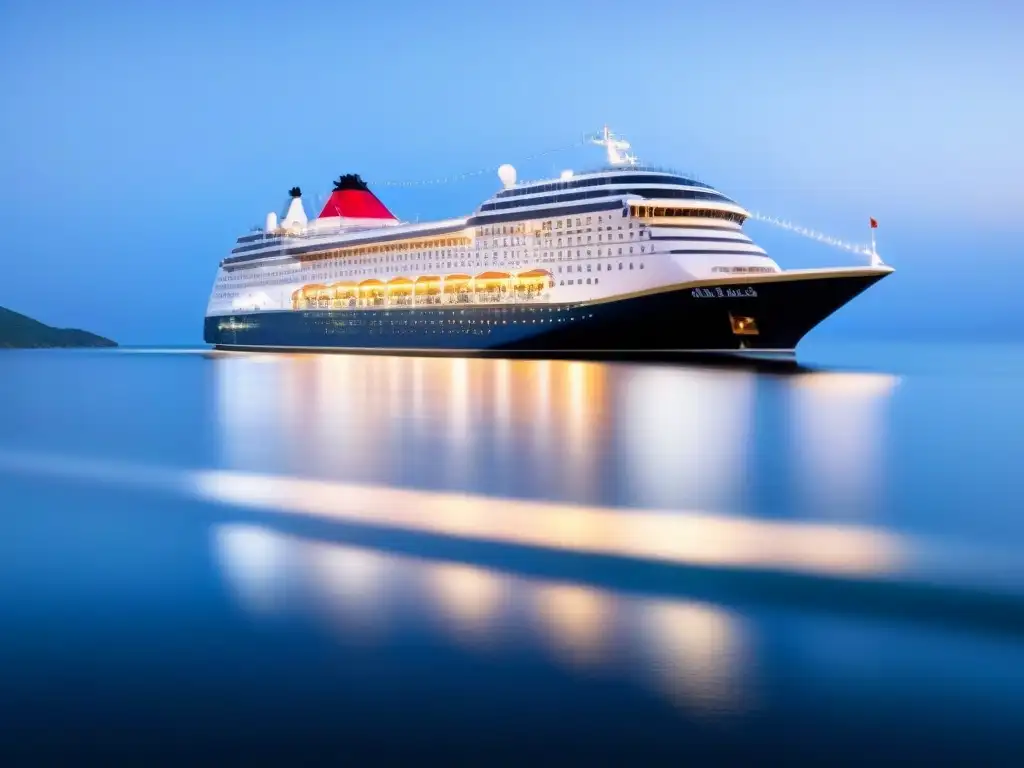 Un crucero elegante navega bajo un cielo estrellado, reflejando luces en el mar tranquilo, evocando tecnologías de pago sin contacto en cruceros