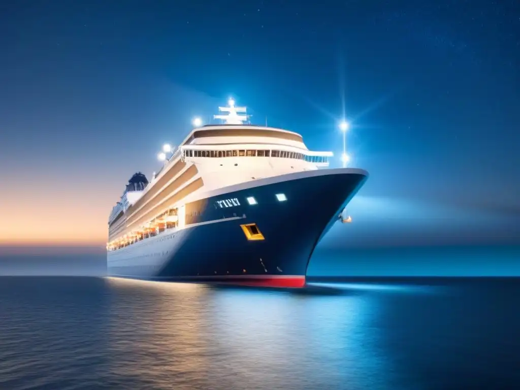 Un crucero elegante navega bajo un cielo estrellado, protegido por un escudo digital