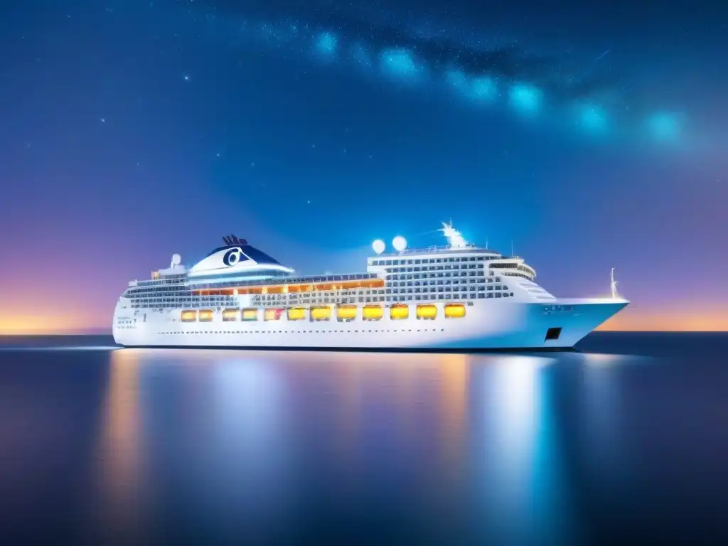 Un crucero elegante navega bajo un cielo estrellado con notas musicales flotando, en un festival de música a bordo