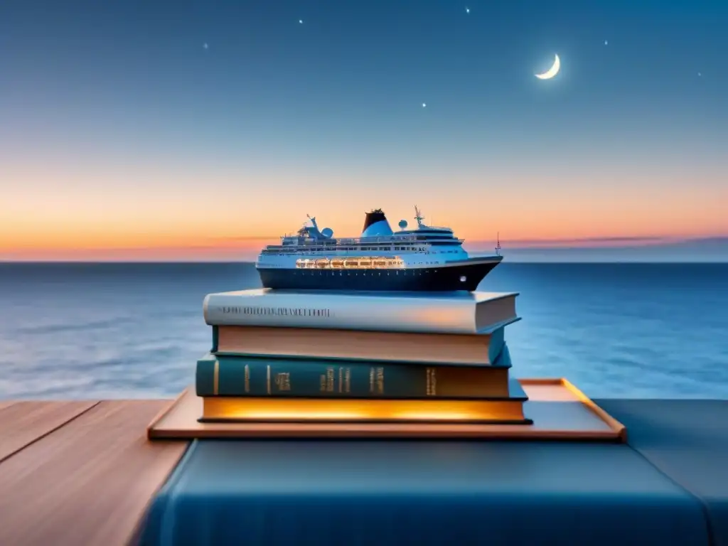 Un crucero elegante navega bajo un cielo estrellado, con libros integrados sutilmente