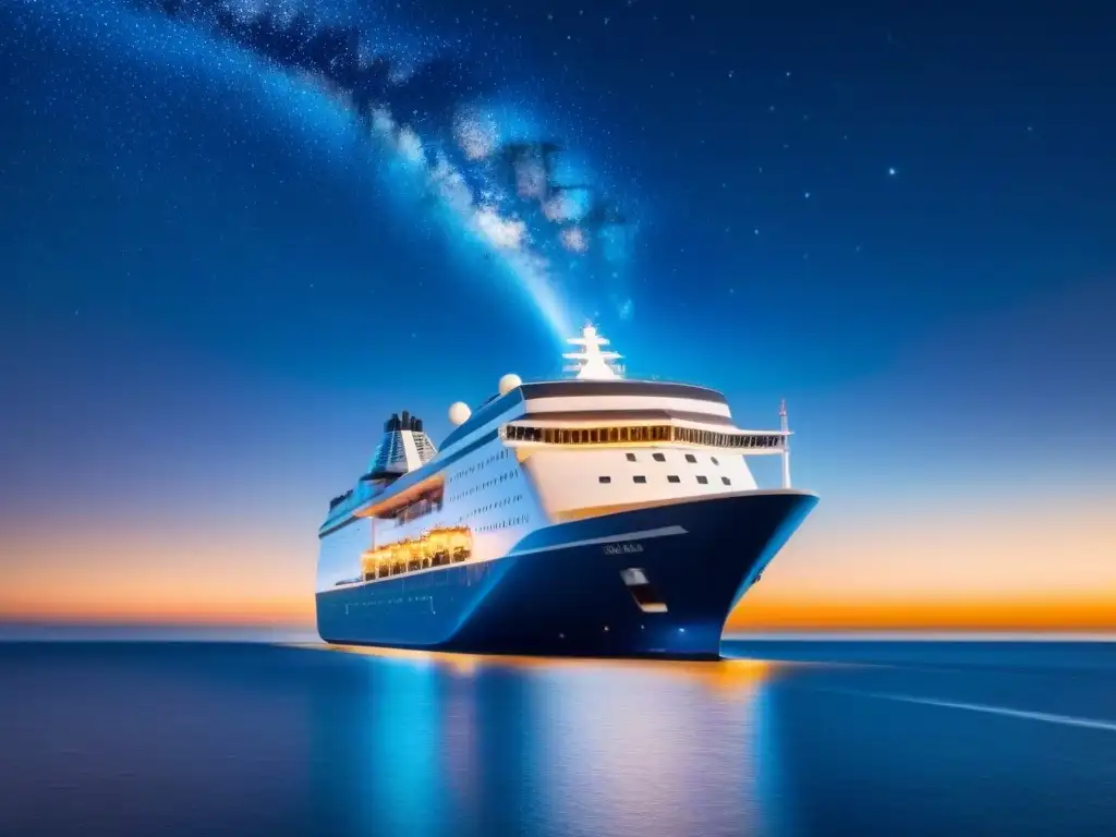 Un crucero elegante navega bajo un cielo estrellado mientras un satélite brinda servicios de internet en cruceros