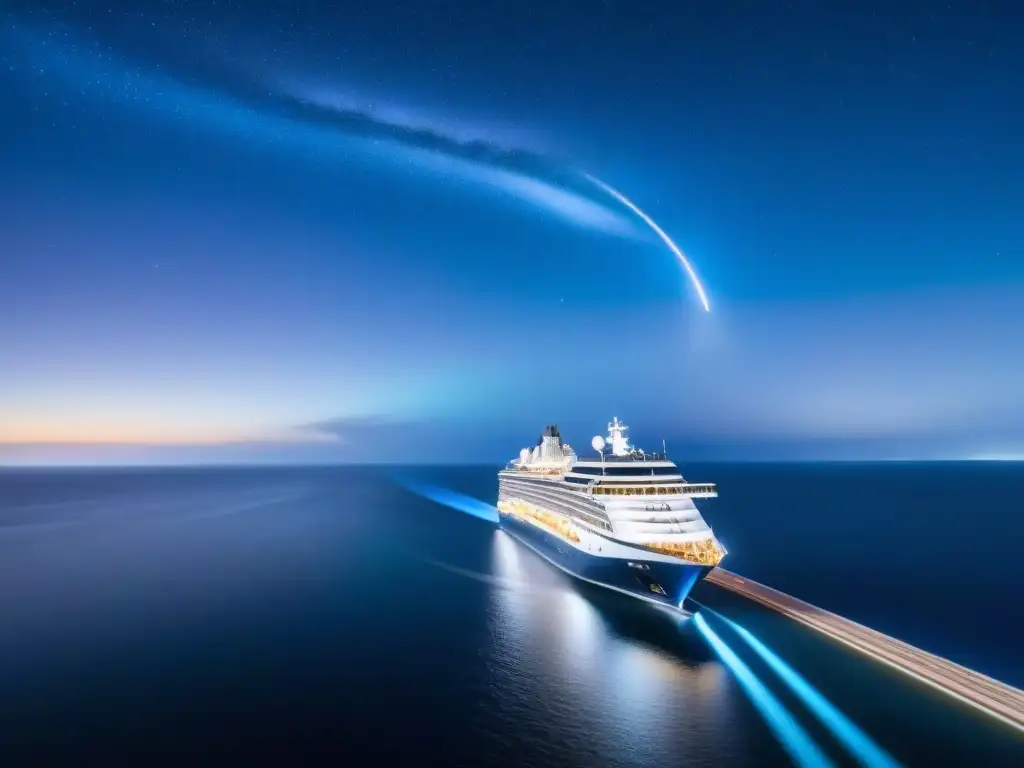 Un crucero elegante navega bajo un cielo estrellado, con una estrella fugaz brillante