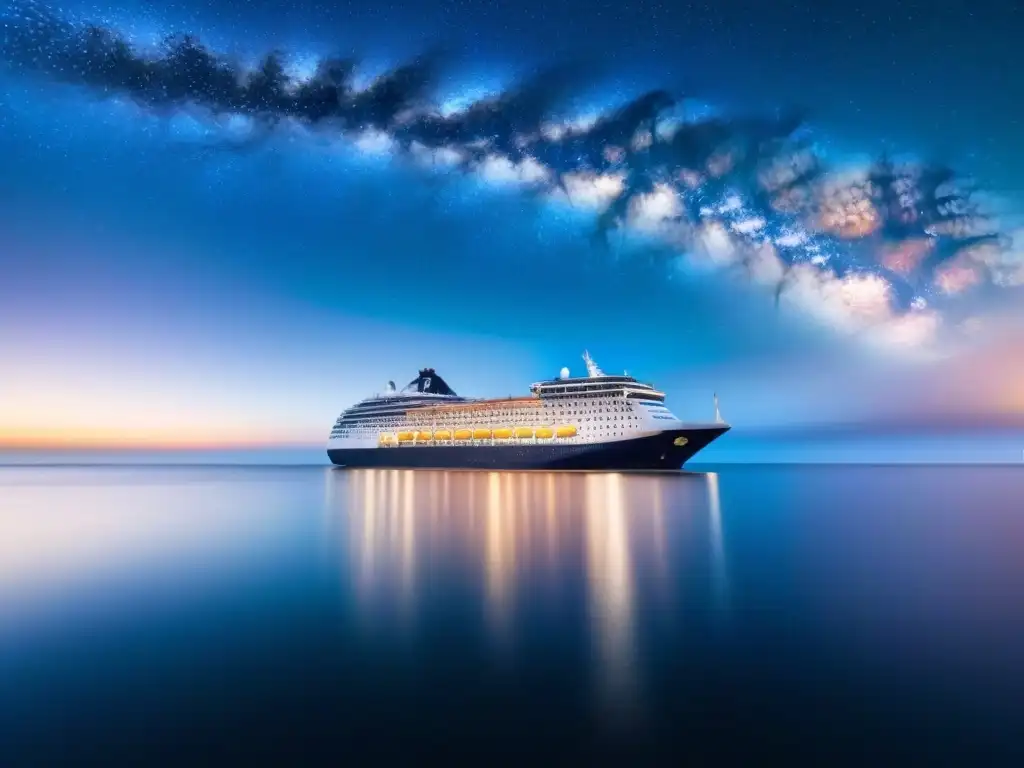 Un crucero elegante navega bajo un cielo estrellado y la Vía Láctea brillante reflejándose en el mar tranquilo