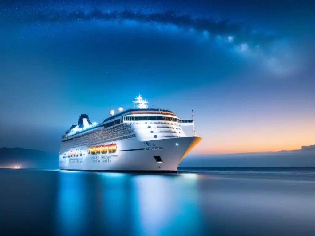 Un crucero elegante navega bajo un cielo estrellado, reflejando las estrellas en aguas tranquilas