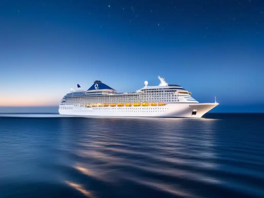 Un crucero elegante navega bajo un cielo estrellado y refleja la luna en el mar