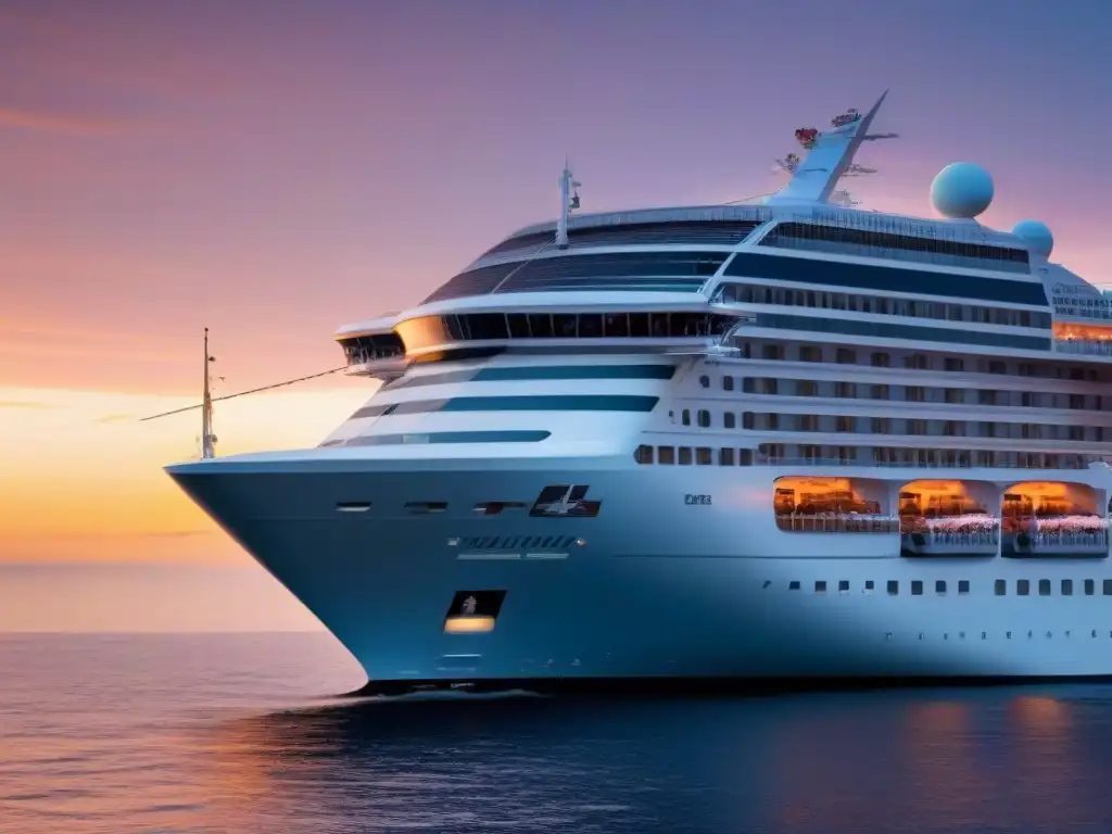 Un crucero elegante navega bajo un cielo pastel al atardecer