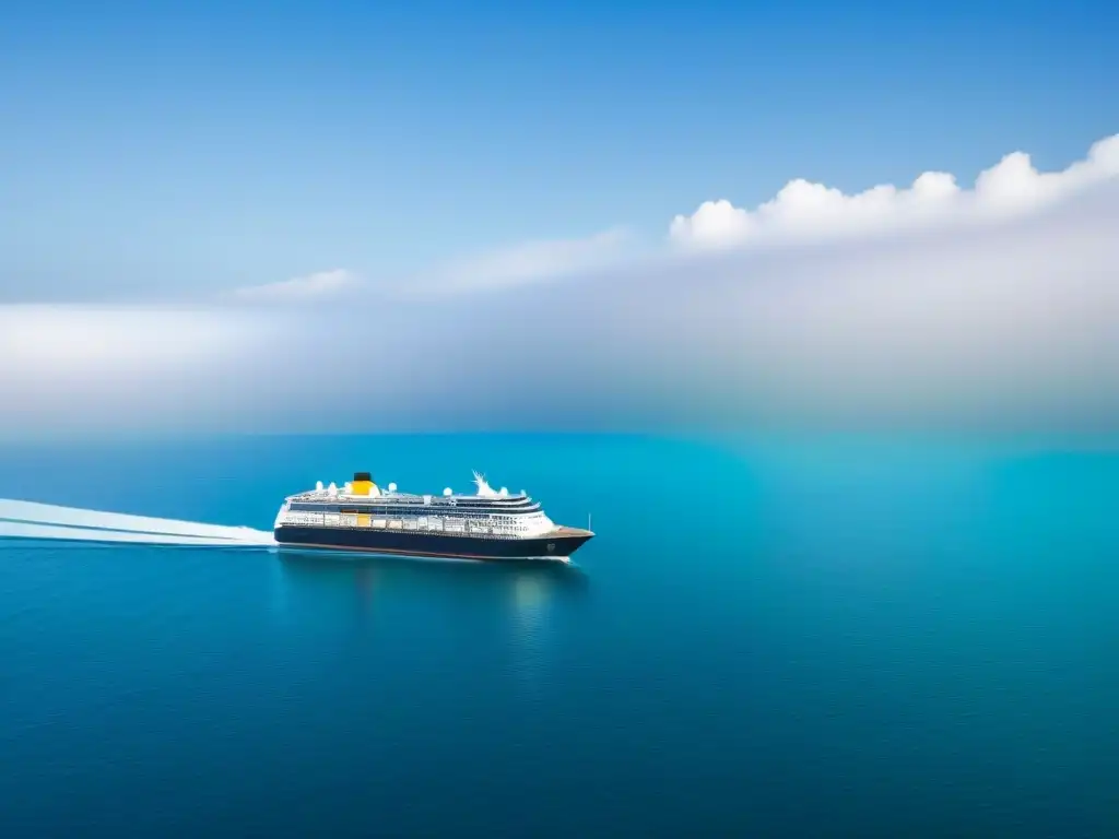 Navegación tranquila y segura: crucero elegante en aguas turquesas Un crucero elegante navegando con confianza en aguas turquesas bajo un cielo despejado, reflejándose sutilmente en el mar tranquilo