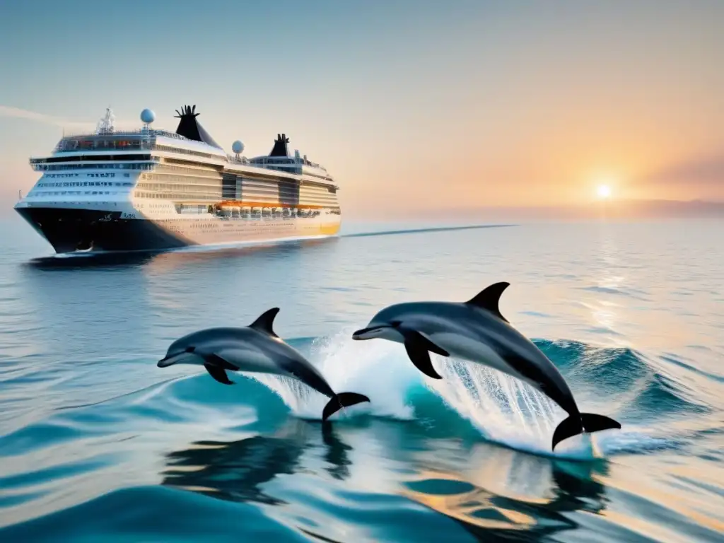 Un crucero elegante navega con delfines en aguas cristalinas al atardecer, simbolizando colaboraciones innovadoras cruceros ONGs