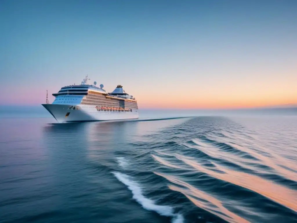 Un crucero elegante navega sin esfuerzo en aguas cristalinas al atardecer, reflejando equilibrio y armonía