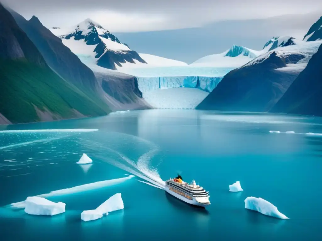 Un crucero elegante navega entre glaciares, simbolizando el impacto del cambio climático en rutas de cruceros