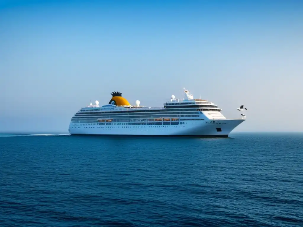 Un crucero elegante navega con gracia en aguas tranquilas, bajo un cielo azul y gaviotas