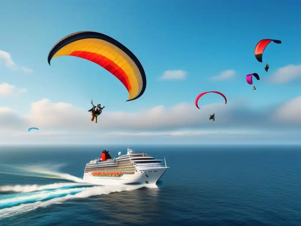 Un crucero elegante navegando con kites de tracción en un cielo azul vibrante