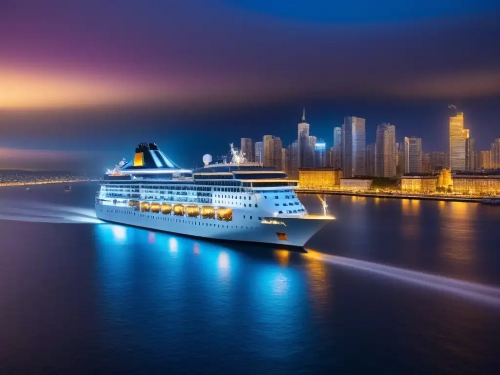 Un crucero elegante navegando entre luces de la ciudad, integrando sutilmente el marketing de guerrilla en cruceros