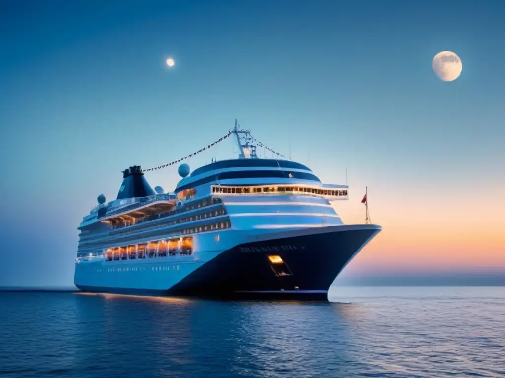 Un crucero elegante navega bajo la luna en aguas tranquilas