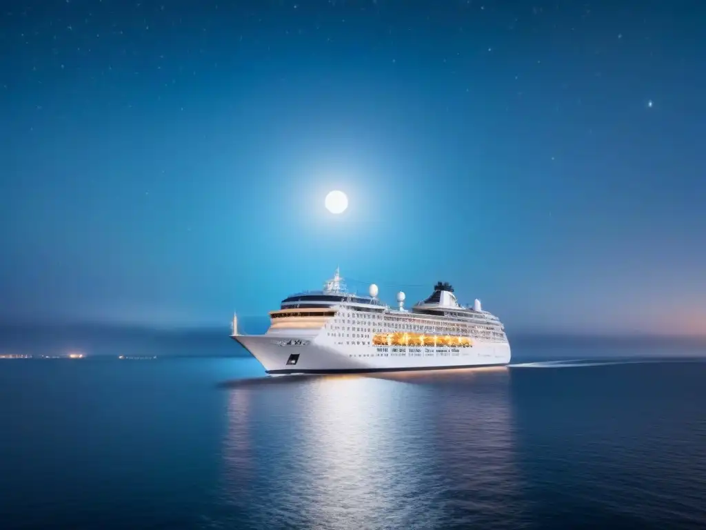 Un crucero elegante navega bajo la luna y las estrellas en un mar tranquilo