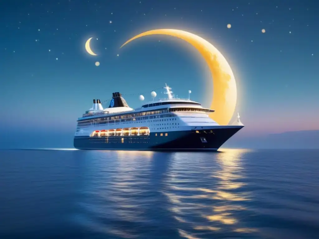 Un crucero elegante navega bajo la luna en el mar tranquilo