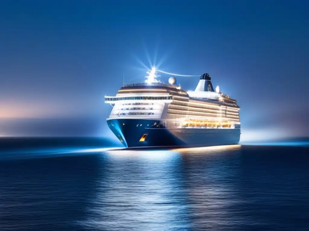 Un crucero elegante navega en el mar bajo un cielo estrellado, iluminado por suaves luces