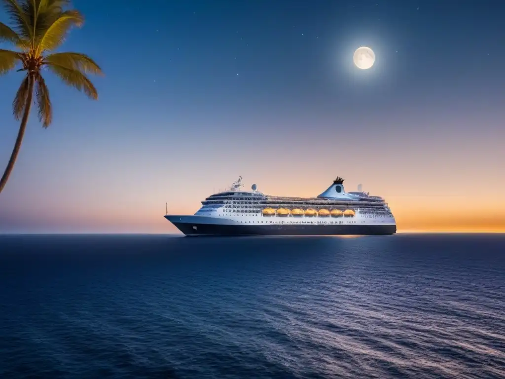 Un crucero elegante surca el mar bajo un cielo estrellado, con palmeras exóticas recortadas ante la luna, en un ambiente de aventura y exploración