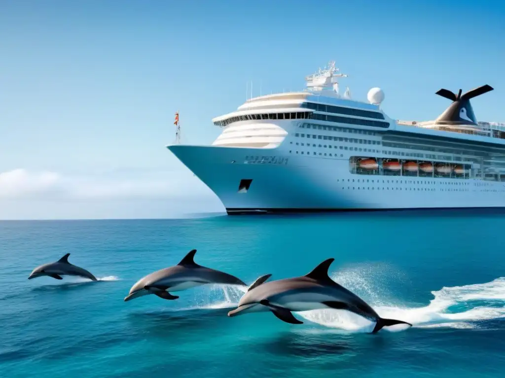 Un crucero elegante navega en un mar turquesa con delfines, transmitiendo armonía y conservación marina en cruceros