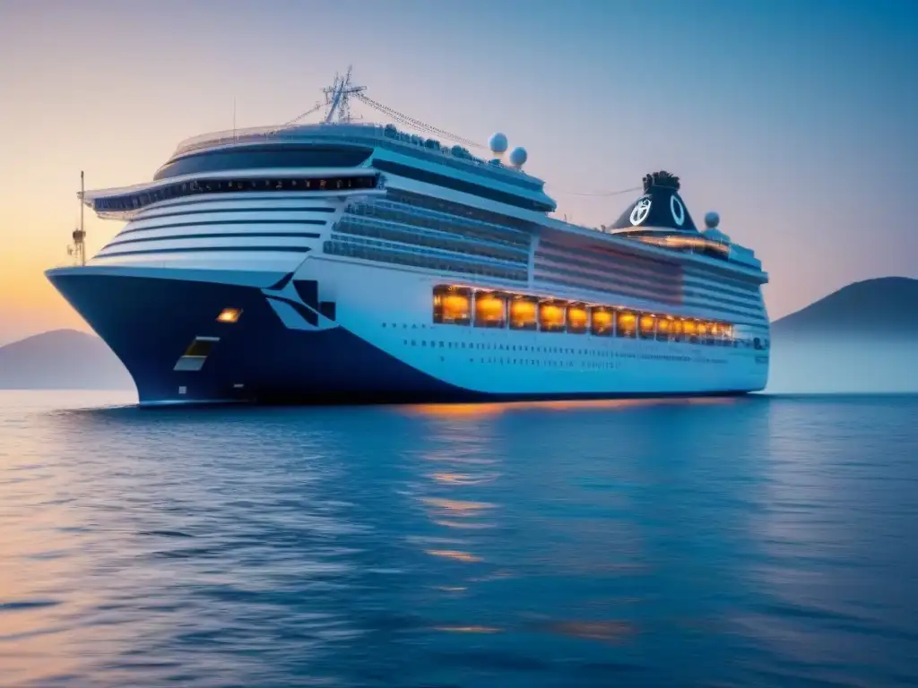 Un crucero elegante surca un mar digital de criptomonedas, representando la adopción de criptomonedas en cruceros