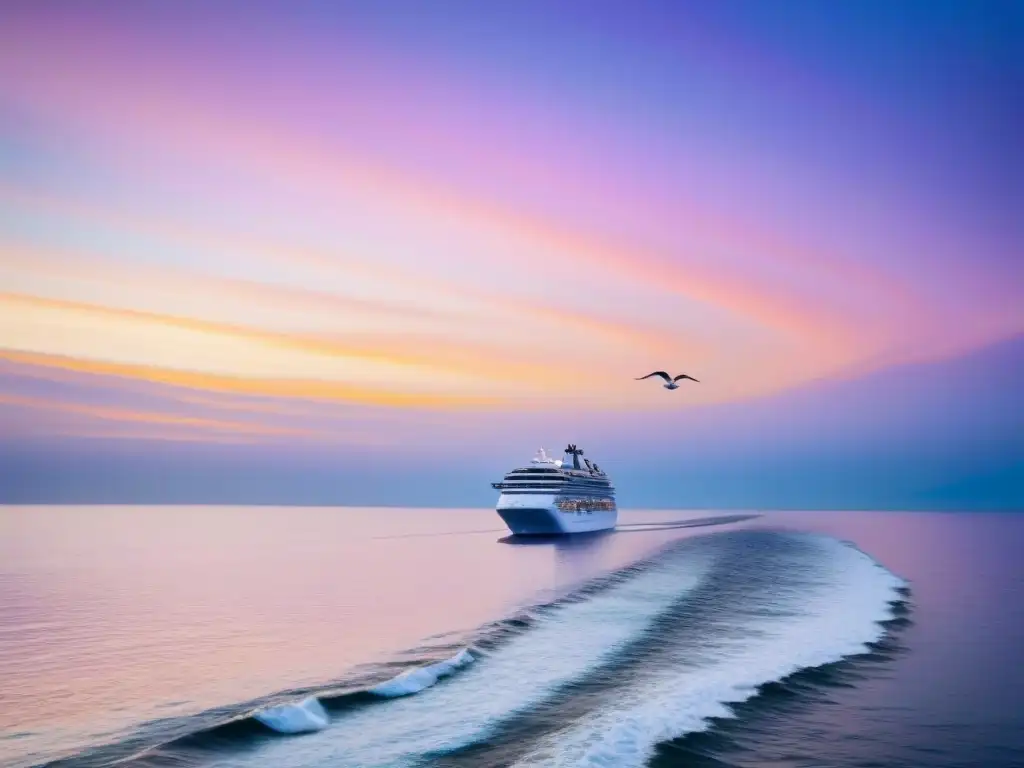 Un crucero elegante navega en un mar sereno al atardecer, con un cielo pastel reflejado en el agua, se distingue su silueta contra el cielo vibrante