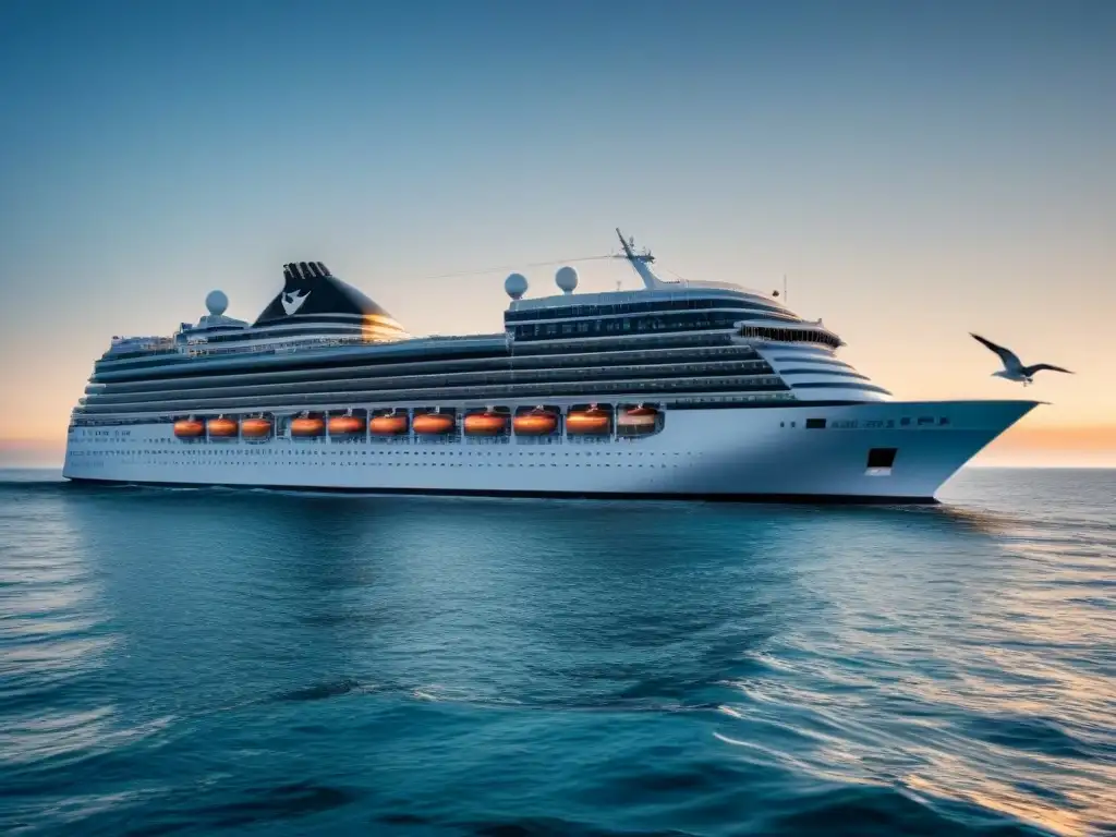 Un crucero elegante navega en un mar sereno, con gaviotas al fondo