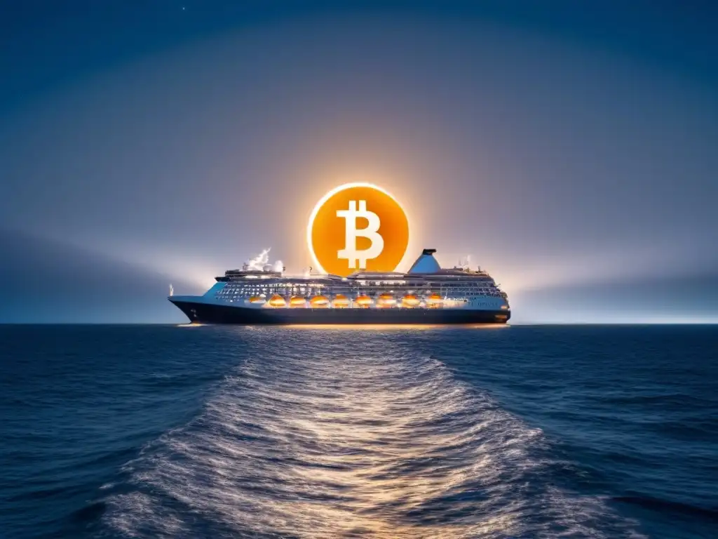 Un crucero elegante navega en un mar de símbolos de Bitcoin bajo un cielo estrellado, reflejando luces en las olas de Bitcoin