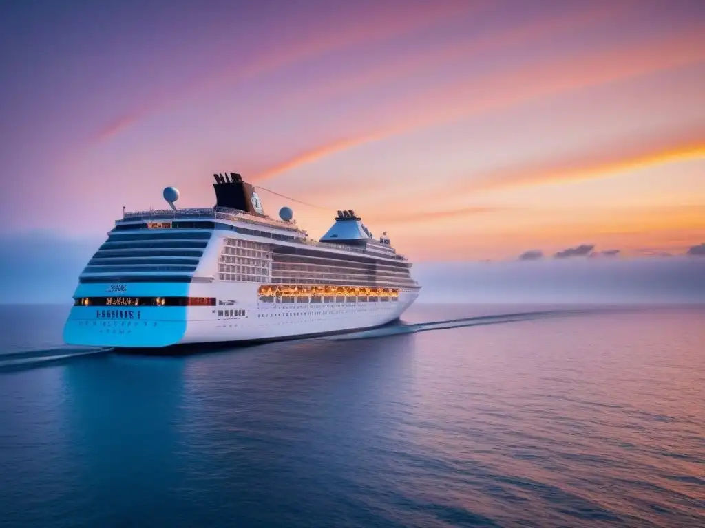 Un crucero elegante navega en un mar tranquila al atardecer, reflejando un cielo anaranjado y rosado en el agua