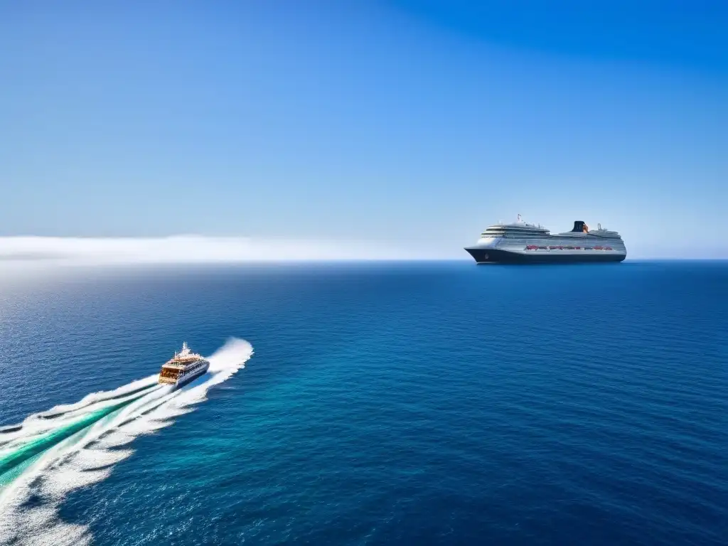 Un crucero elegante navega en un mar tranquilo y seguro bajo un cielo azul claro