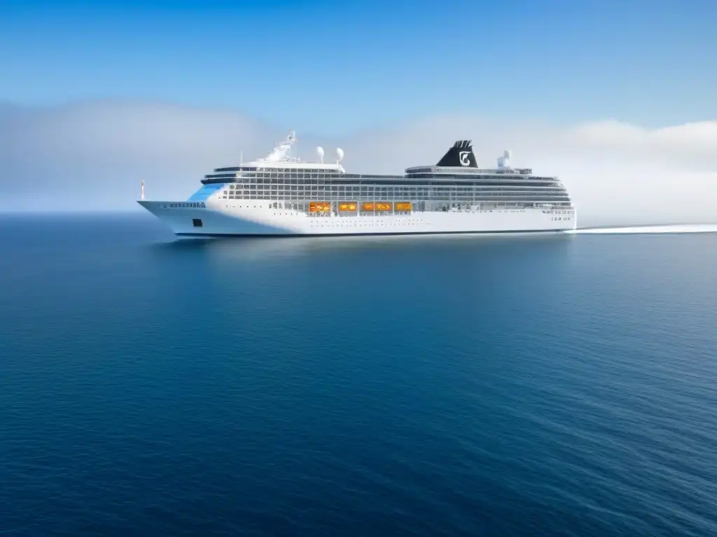 Un crucero elegante navega en un mar tranquilo y cristalino bajo un cielo azul claro, transmitiendo calma y sostenibilidad