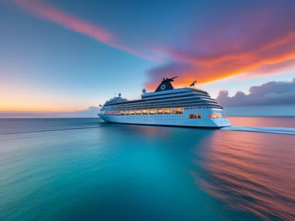 Un crucero elegante y minimalista navegando bajo un atardecer vibrante en aguas turquesas