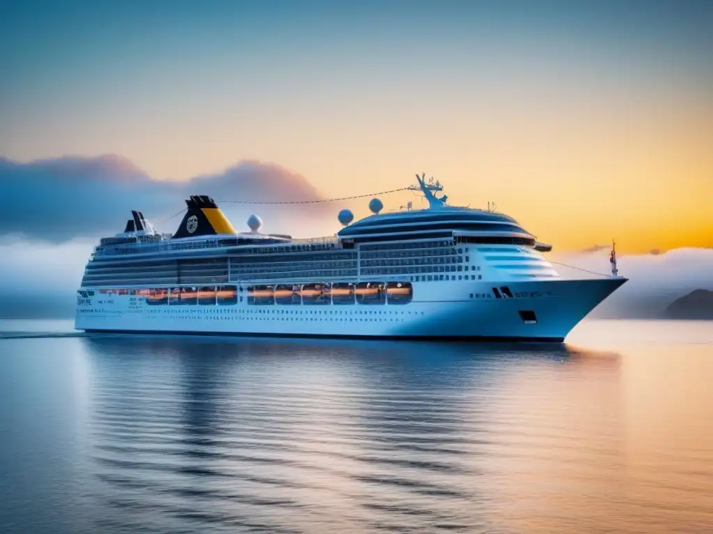 Un crucero elegante y moderno navegando en aguas tranquilas al atardecer