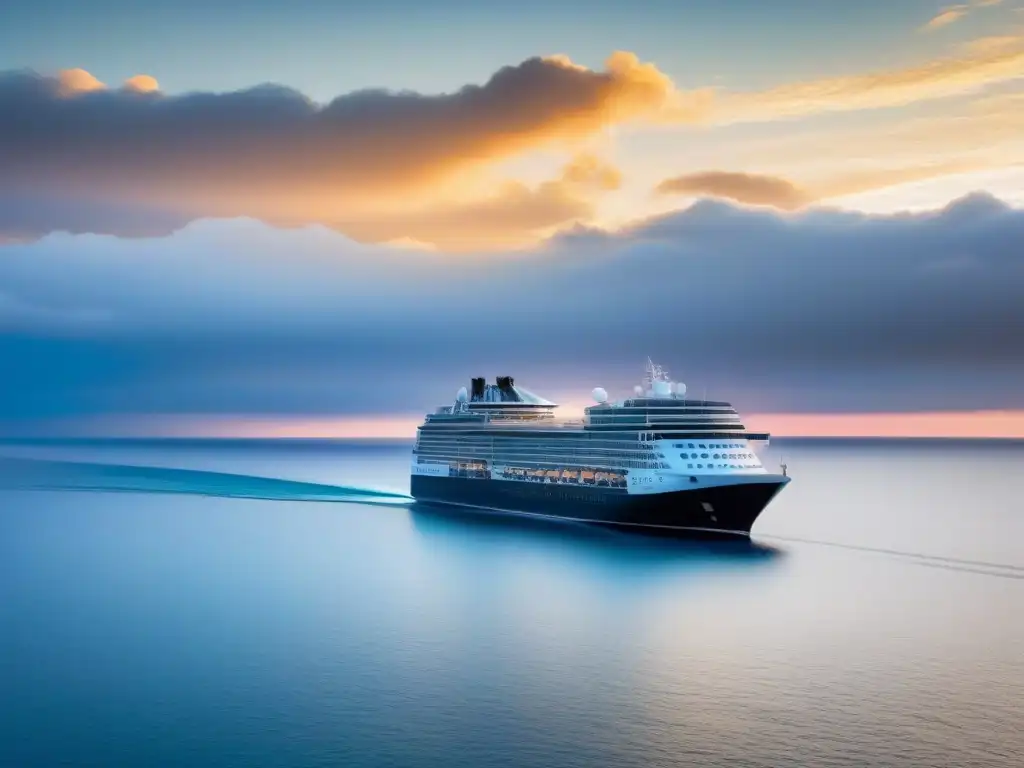 Un crucero elegante y moderno surcando aguas tranquilas al atardecer, reflejando lujo y calma