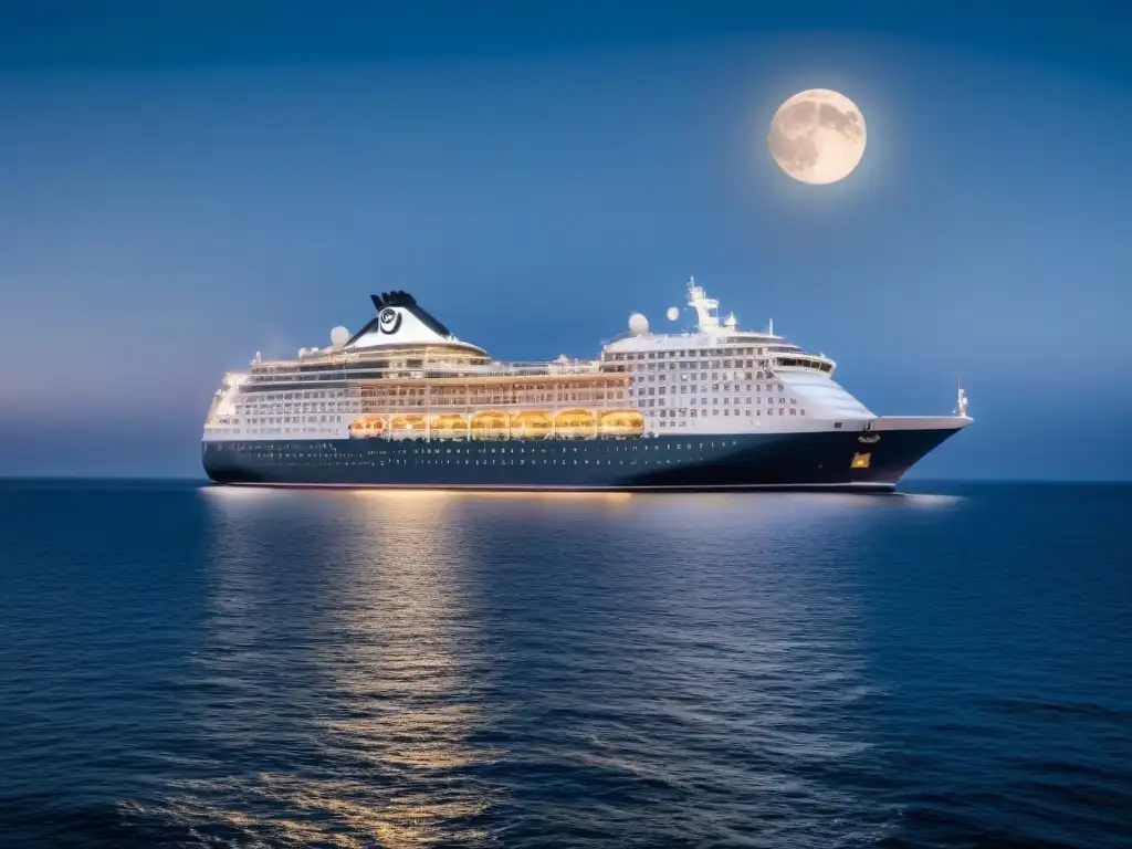 Un crucero elegante navega bajo la noche estrellada, con la luna iluminando el mar tranquilo